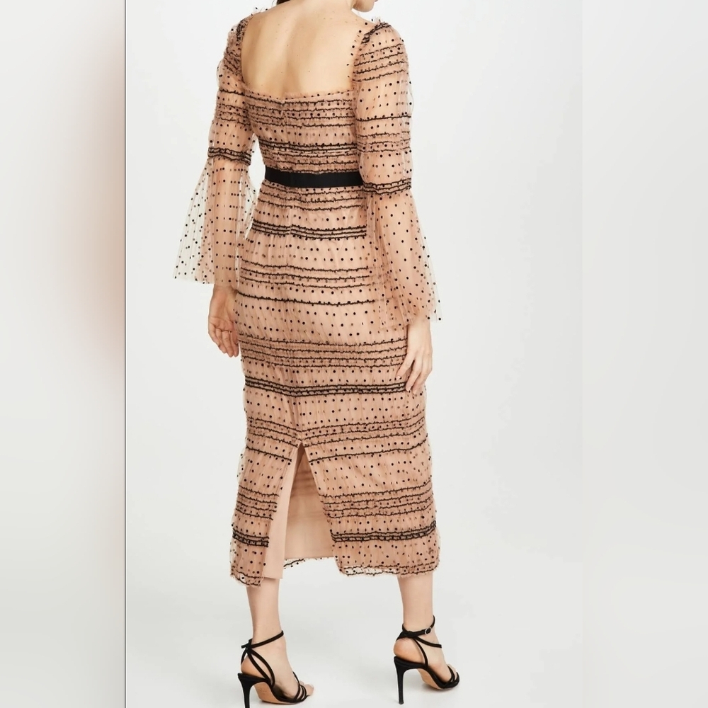 Self Portrait Shirred Polka Dot Elegant Midi Dress Beige Wedding Guest Sz 4 - Picture 2 of 16